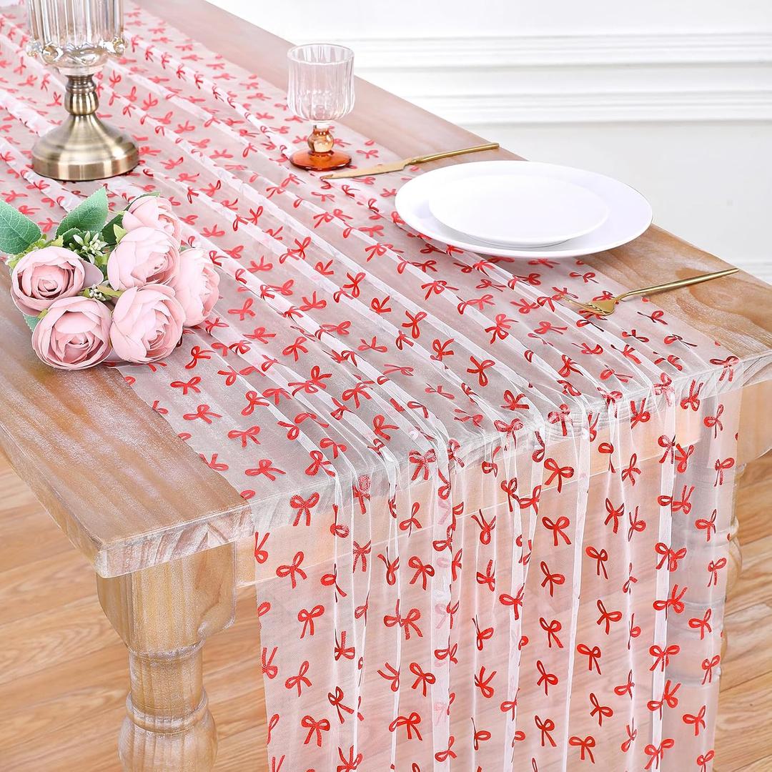 Beige Red Cheesecloth Table Runner 10FT Sheer Chiffon Mesh Runner, 29 x 120 Inch
