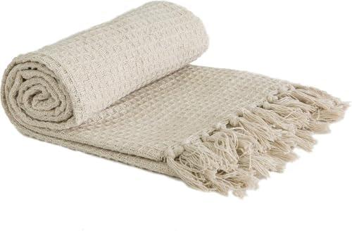 Recycled Cotton Plain Waffle Textured Chair Sofa Set Throw Over Blanket in Ivory Cream 75x26in
