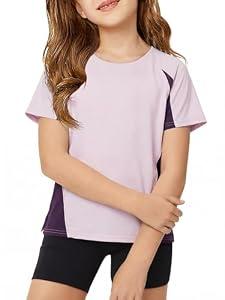ZDC Kids Girls Athletic T Shirts Color Block Crewneck Gym Yoga Tees Casual Cute Basic Tees, 5-6 Years, Purple