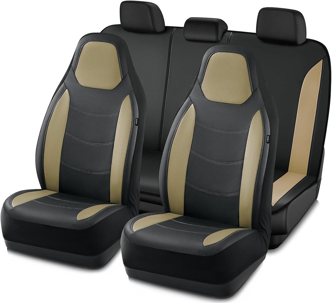 Road Comforts Car Seat Cover, Leather Seat Cover Full Set, Automotive Interior Seat Cover, Universal Fit for Most Cars, SUVs, Trucks, and Vans, Airbag Compatible (Beige)
