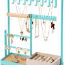 DreamGenius Jewelry Organizer Stand with Velvet Ring Holder, 4 Tier Jewelry Holder Organizer with 15 Hooks for Necklaces and 16 Holes for Earrings, Blue (Medium)