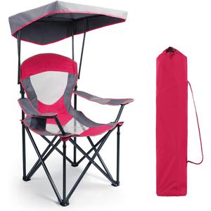 Camping Chairs with Shade, Heavy Duty Canopy Lounge Chair Sunshade Hiking Travel Chair with Cup Holder for Outdoor, Camping, Beach and Patio, Red (Single Pack)