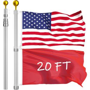 20FT Telescoping Flag Pole Kit, Extra Thick Flag Poles with 3x5 American Flag, Heavy Duty Flag Pole for Outside House Inground, Flag Poles for 3x5 Flag Outdoor20FT,Silver