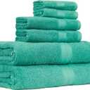 Amazon Basics 6 Piece Oversized Fade resistant Towel set, 100% Cotton towels for bathroom, soft and absorbent, 2 Bath Towels, 2 Hand Towels and 2 Washcloths bathroom towel set, Teal