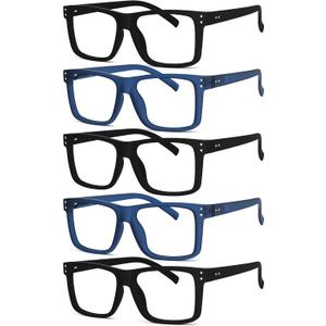 Eyekepper 5-pack Oversized Reading Glasses Square Large Frame Readers for Men and Women - 3 Black and 2 Blue +1.00