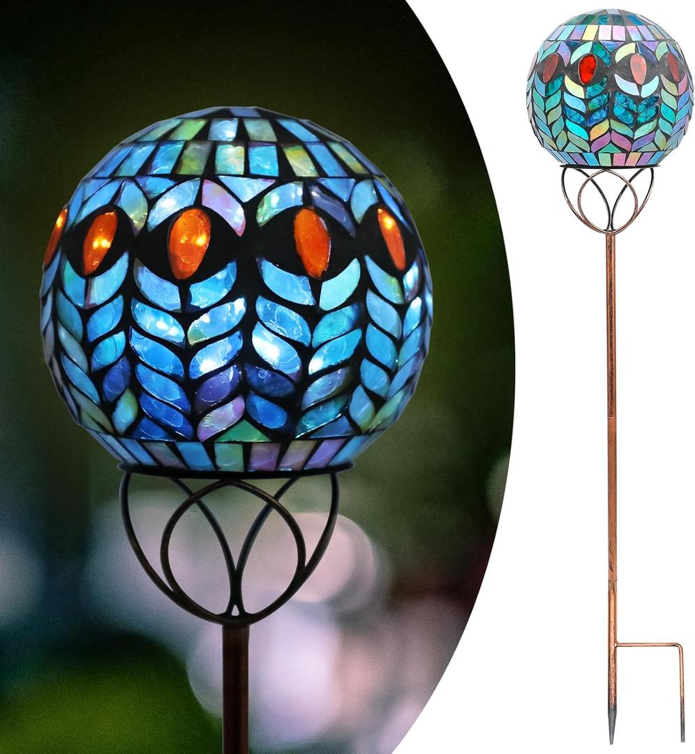 Afirst Solar Outdoor Garden Lights Decorative - Mosaic Solar Stakes Gazing Ball Waterproof Outdoor Lights Stakes for Pathway Yard Lawn Decoration(Green) 