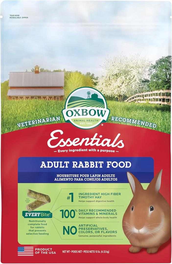 Oxbow Essentials Rabbit Food, Adult, Made with Oxbow Timothy Hay for Rabbit, Pet Pellets with Vitamins & Minerals, Small Animal Pet Products, Bunny Food, Made in USA, High Fiber, 10 lb. bag (EXP 10/28/26)