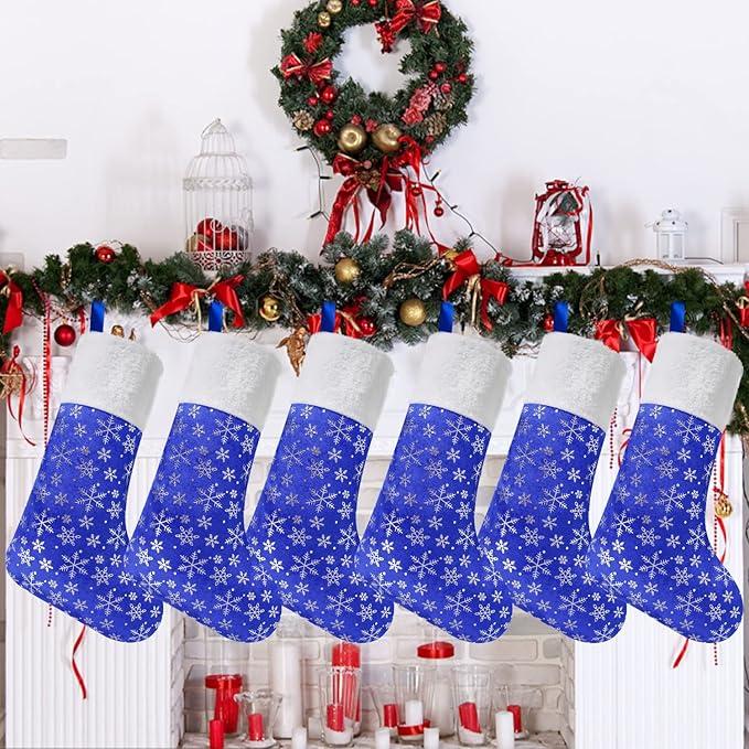 CCINEE Christmas Large Stockings, 6pcs 18 Inches Tall Glitter Silver Snowflake Blue Print with Plush Cuff Classic Stocking Decorations for Xmas Festive Gifts Home Fireplace Decor… 6Pack