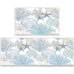 Coastal Kitchen Mat Set of 2 Cushioned Anti Fatigue Mats for Kitchen Floor,Ocean Nautical Starfish Seashell Beach Bathroom Runner Rug Non Slip Standing Mat Washable Kitchen Rug Runner for Sink,Laundry