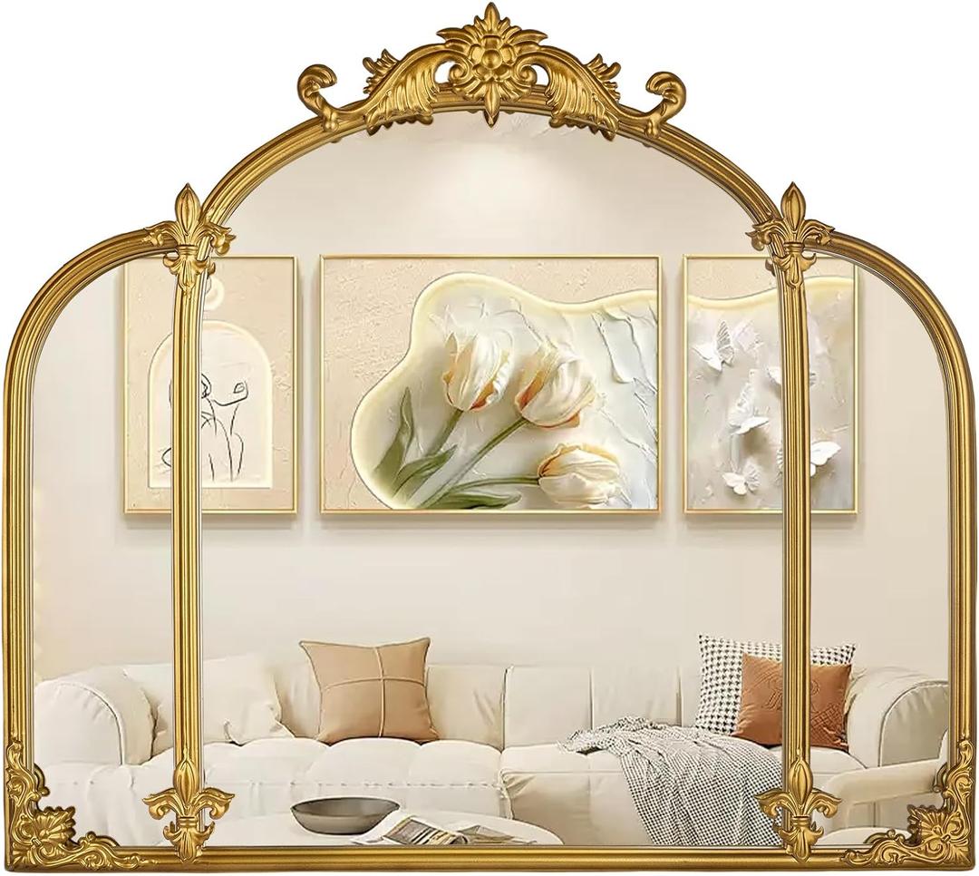 24"x22" Gold Arch Wall Mirror, Vintage Ornate Baroque Mirror with Metal Frame, Decorative Vanity Mirror for Dresser, Bedroom, Bathroom, Fireplace, Entryway, Hallway