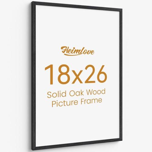 Heimlove 18x26 Picture Frame, High-End Natural Oak 18 x 26 Wooden Frame with Tempered Glass, 18x26 Wood Photo Frame for Wall or Tabletop, Wall Hook Included for Photo and Prints, Black