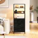 Furnulem Night Stand, Tall Nightstand with 4-Tier Shelves and 3 Fabric Drawers, LED Bed Side Tables with Charging Station, Bedside Table for Bedroom, Hallway, Home Office, Black Oak