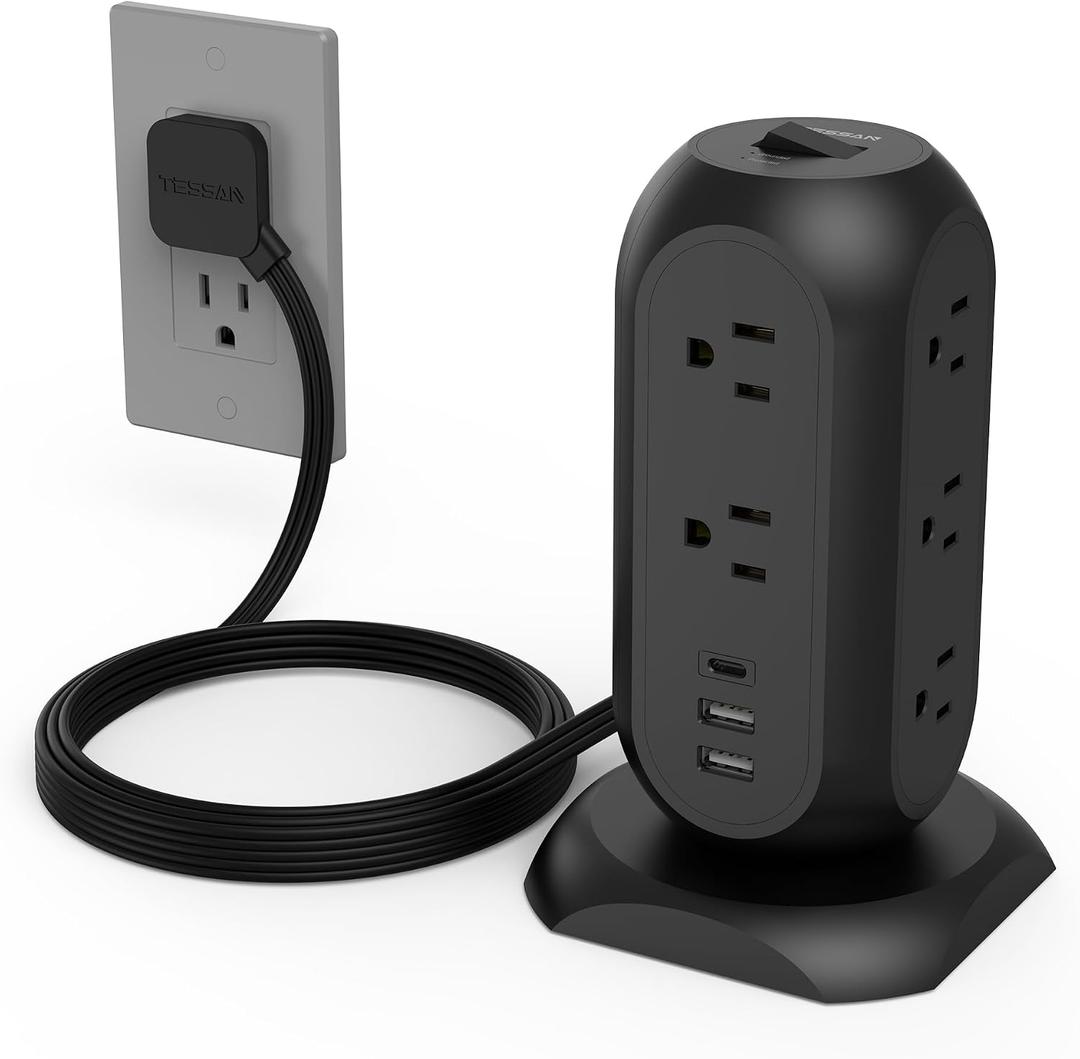 TESSAN Tower Power Strip Flat Plug with 11 Outlets 3 USB (1 USB C), Surge Protector Tower 1625W/13A,1050J Protection, 6 Feet Extension Cord with Multiple Outlets, Dorm, Office Desk Supplies, Black