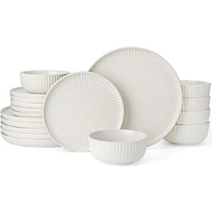 Famiware Starlight 18-Piece Plates and Bowls Sets for 6, Stoneware Dinnerware with Ribbed Textured, Handcrafted Reactive Glaze Dishes - Dishwasher & Microwave Safe, Chip/Scratch Resistant, Matte White