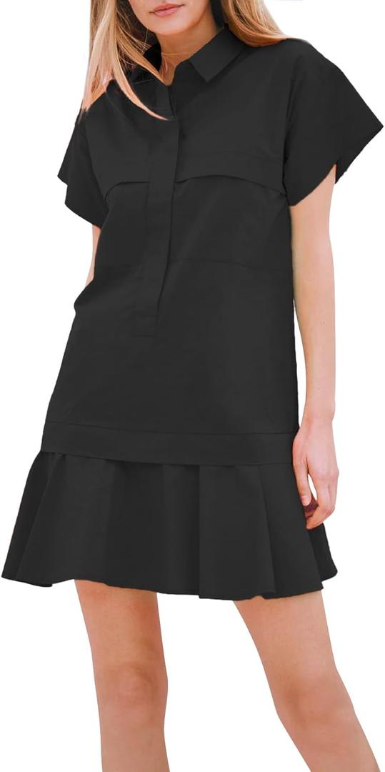 YEXPINE Women's Drop Waist Ruffle Hem Shirt Mini Dress Short Sleeve Button Down Tunic Dress with Pockets XL