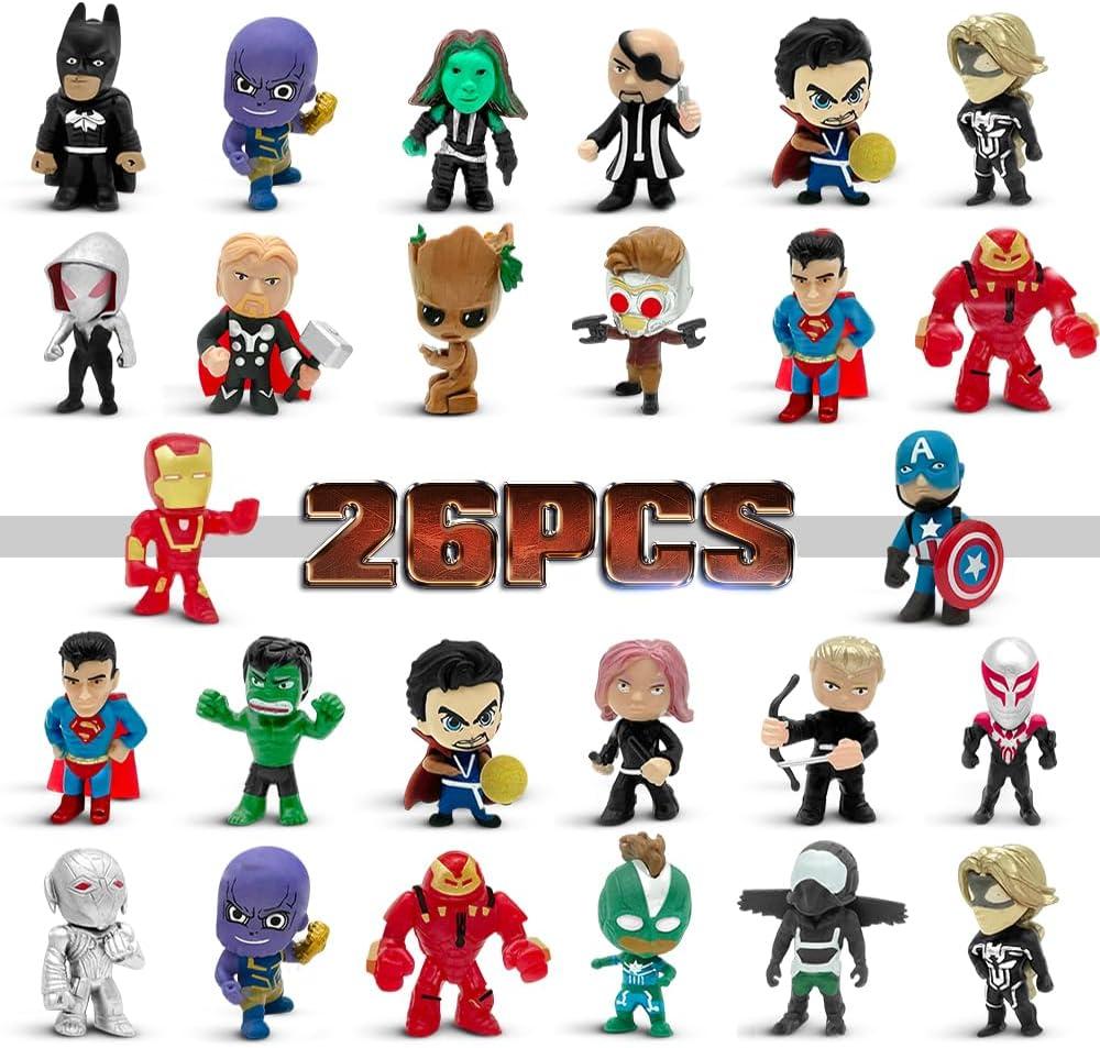 DLOCVN Mini Superhero Toys, 26PCS Minifigures Small Action Figures Superhero Party Birthday Decorations for Kids Christmas Stocking, Easter Eggs Cake Toppers Collectibles