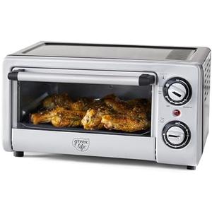GreenLife Countertop Toaster Oven Air Fryer Stainless Steel, Healthy Ceramic Nonstick, PFAS and PFOA-Free, Tray & Basket, Bake, Broil, Reheat, Adjustable Temp & Time Control, Auto Shutoff, Black