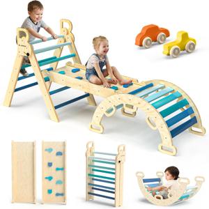 BlueWood Pikler Triangle Set 7in1 Foldable Baby Climbing Toys Wooden Montessori Climbing Set with Arch&Ramp&Ladder Baby Climber Indoor Jungle Gyms for Toddlers Montessori Toys- Sky Blue, beginner