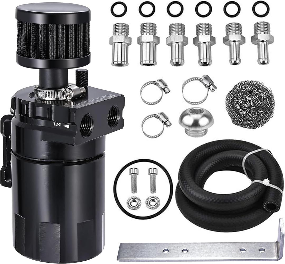 EVIL ENERGY Oil Catch Can, Universal Baffled Catch Can Kit with Breather Filter, 300ml Aluminum Air Oil Separator Tank NBR Fuel Hose Kits for PCV System (2.6 FT, Black)