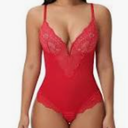 Sexy Lace Shapewear Bodysuit Women's Sleeveless V Neck Tummy Control Backless Thong Tank Tops Body Suit Shaper (Red) 2XL