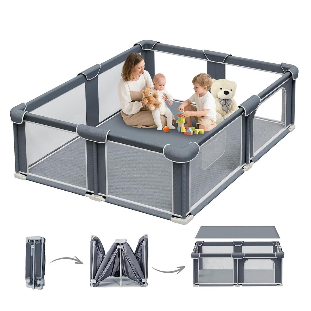 G TALECO GEAR Foldable Playpen for Babies and Toddlers, 59"x71" Portable Play Yard with Mat, Kids Collapsible Play Pen with Sturdy Metal Frame & Mesh Walls, Indoor & Outdoor Baby Fence Play Area