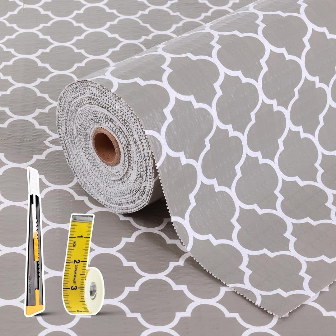 Drawer and Shelf Liner for Kitchen Cabinet: 23.6 in X 20 Ft Non Slip Waterproof Shelf Paper Non Adhesive Refrigerator Liners Gray Quatrefoil Easy Liners for Bathroom Cupboard with Knife Tape Measure