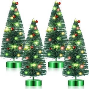 Seenelling 4 Pcs Mini Christmas Tree with Lights Bulk Mini Bottle Brush Trees 9.4 Inch Small Tabletop Christmas Tree Pre Lit Christmas Tree Xmas Tree for Christmas Decoration Xmas Holiday(Green)