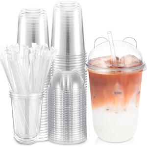 16oz 50 Set Plastic Cups with Lids and Straws, Disposable Clear Iced Coffee Cup with Lids Round Bottom Plastic Cup for Cold Beverage Drinks Juice Smoothie Coffee Shops Party(Panda Lid)