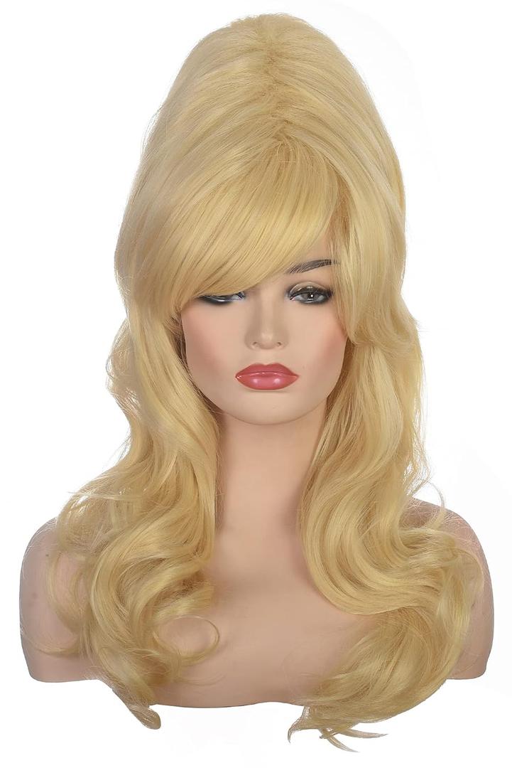 Women Blonde Beehive Wig Long Curly Wavy Bouffant Heat Resistant Synthetic Hair wigs for Womens Vintage Costume Cosplay Halloween Party