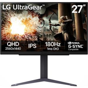 LG 27GS75Q-B 27-inch Ultragear QHD (2560x1440) Gaming Monitor, 180Hz (O/C 200Hz), 1ms, IPS, NVIDIA G-SYNC Compatible, AMD FreeSync, HDR10, Tilt/Height/Pivot Stand, HDMI, DisplayPort, Black
