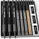 Four Candies 1.3mm Mechanical Pencil Set with 48 Lead Refill, 3PCS Metal Weatherproof Body Heavy Duty Carpenter Pencil, 3 Eraser, 12 Eraser Refill, for Outdoor Woodworking Drafting Marking with Case (22PCS)
