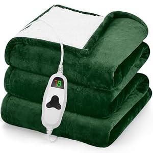 greenoak Heated Blanket Electric Throw 50"X60", Heating Blankets with 10 Heat Levels 8 Hours Auto-Off, Soft Flannel Sherpa Fluffy House Warming Gifts for Grandma Seniors Momt, Jade Green