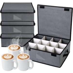 Suzile 4-piece Stemware Storage Case Set Wine Glass Storage Box with Dividers, Lid and Handle, Includes 48 Protective Films, China Storage Containers for Glassware Protection (Mug Storage)
