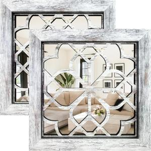Boho Wall Mirror Decor, Set of 2 Rustic Farmhouse Accent Mirror 12x12 Inch, Square Shatterproof Vintage Style Mirrors for Wall, Small Decorative Mirrors for Living Room, Bedroom(Grey)