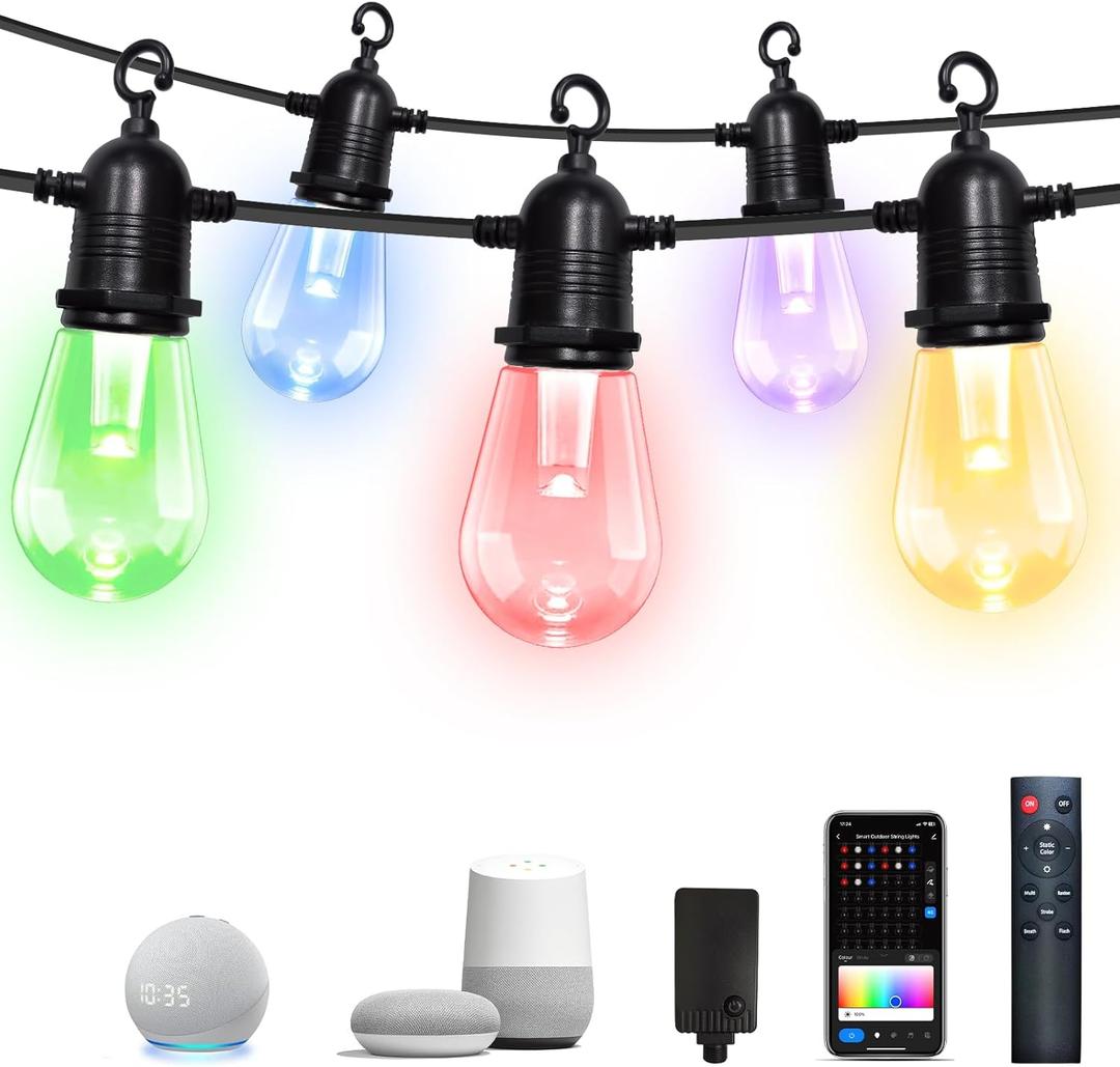 Outdoor String Lights, 15 Shatterproof LED Bulbs, Dimmable Color Changing Lights for Patio, Music Sync Smart Decor (48ft)