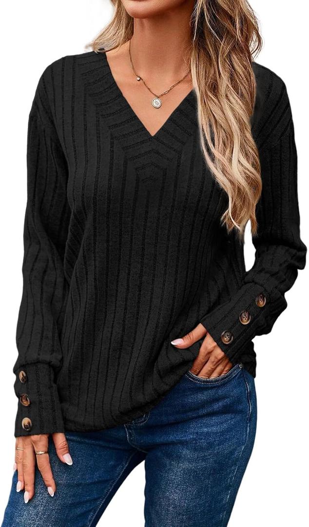 Dokotoo Womens Soft Long Sleeve V Neck Shirts Solid Casual Decorative Buttons Knitted Pullover Tunic Tops Black (Medium)