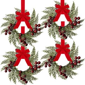 4 Pieces 8" Mini Christmas Wreaths - Small for Kitchen Cabinet/Window/Front Door, Artificial Red Berries & Pinecones, Christmas Candle Rings, Table/Farmhouse Decoration (No Ribbon)