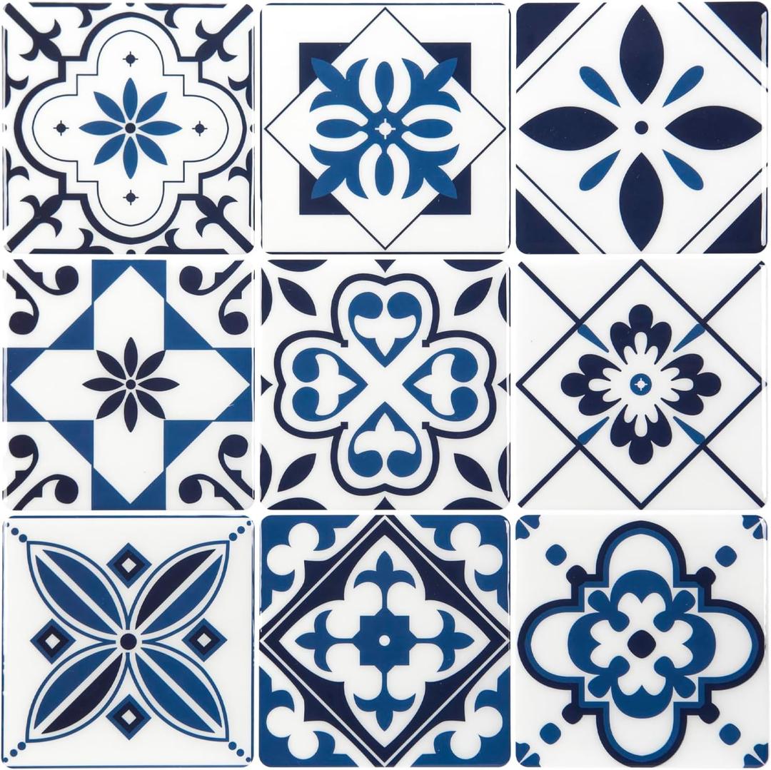LONGKING Peel and Stick Backsplash Tile Stickers, Admiral Blue Geometric-Shaped Pattern Tile for Kitchen, Stick on Wall Tiles (10 Sheets)