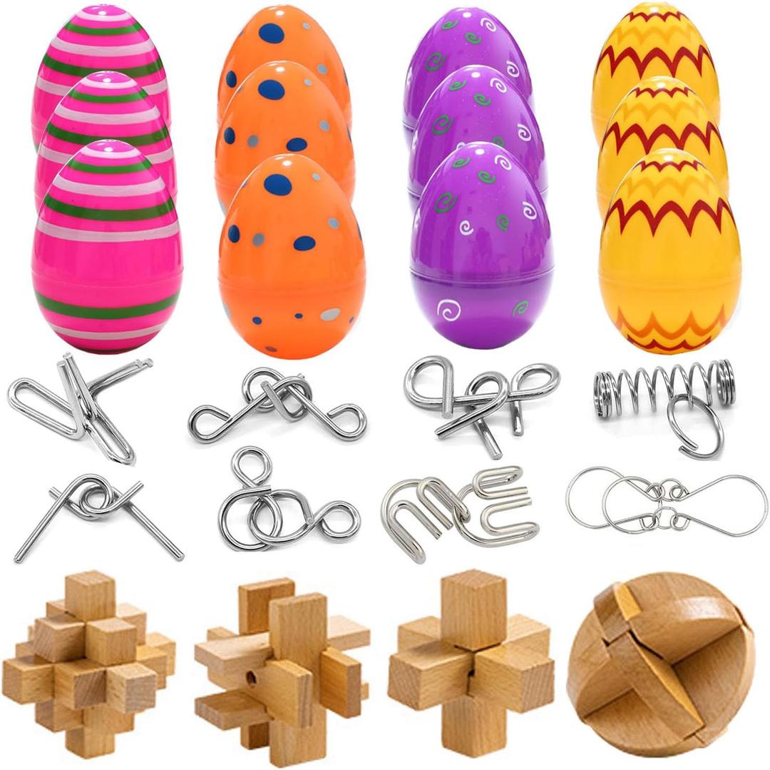12 Pack Easter Eggs with Brain Teaser Puzzles Toys for Teens Adults Older Kids, Basket Stuffers Ideas, Wooden Metal Brain Puzzles Games for Family Party, Easter Gifts for Teen Boys Girls