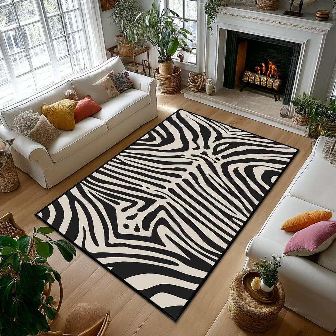 Zebra Print Area Rug 5x7,Zebra Pattern Area Carpets for Bedroom,Beige White and Black Living Room Carpet Ultra-Thin Washable Throw Floor Rugs Indoor Non Slip Accent Floor Mats for Dining Room,Laundry