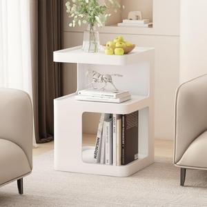 White Modern Side Table with Storage, Metal End Table for Couch, Small Bedside Table for Living Room, Bedroom, No Assembly Required(13.8" D x 13.8" W x 21.2" H)