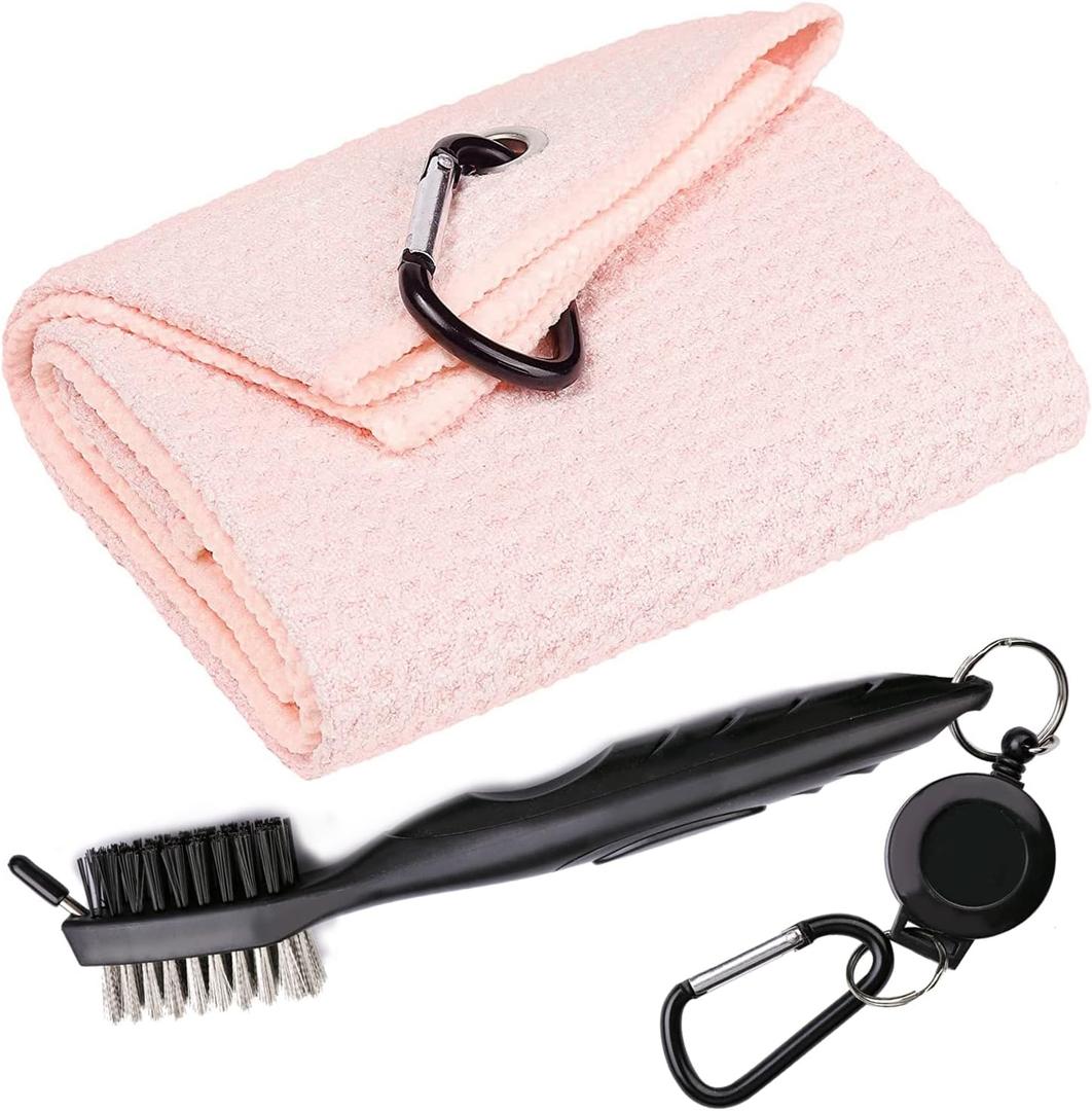 Golf Towels, Microfiber Waffle Pattern Tri-fold Golf Towel - Brush Tool Kit with Club Groove Cleaner, with Clip Men Women Golf Gifts (Pink Towel+Black Brush) Golf Towels, Microfiber Waffle Pattern Tri-fold Golf Towel - Brush Tool Kit with Club Groove Cleaner, with Clip Men Women Golf Gifts (Pink Towel+Black Brush)