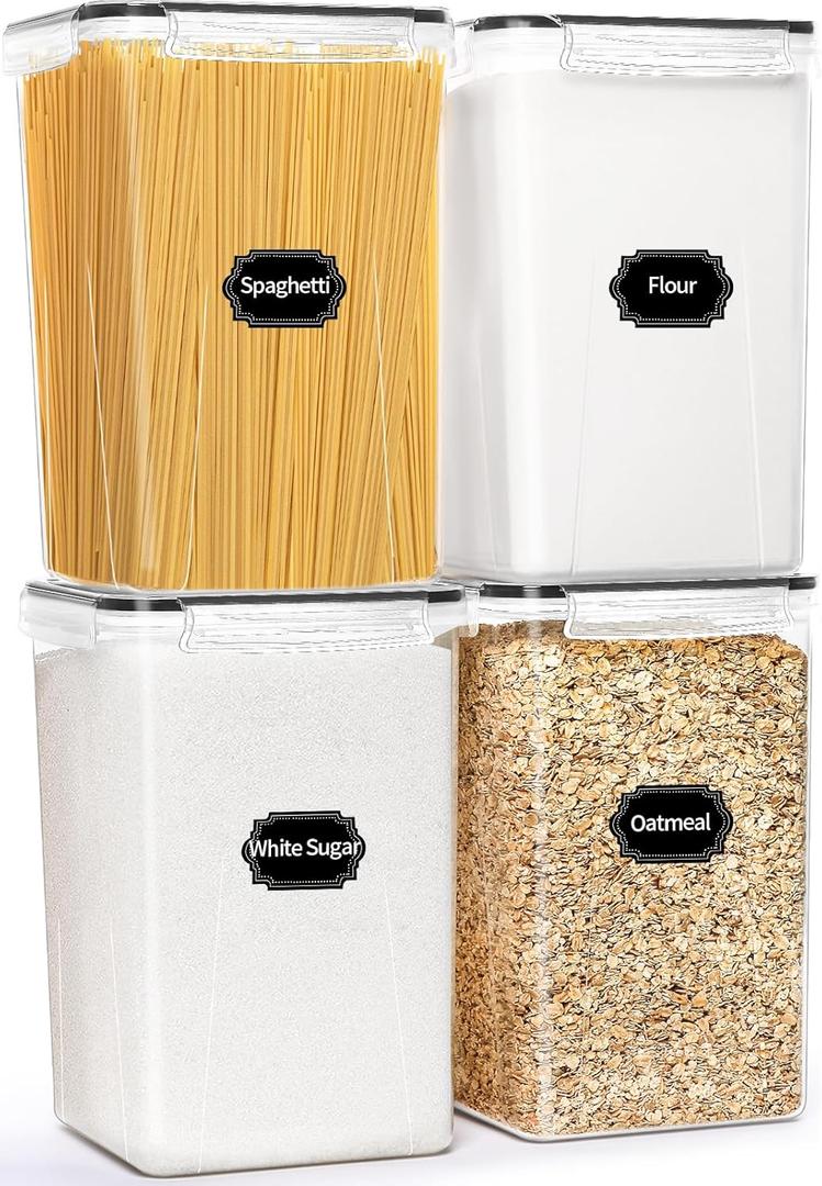 4 Pack Extra Large Airtight Food Storage Containers with Lids (6.5L / 220 oz), BPA Free Plastic Kitchen and Pantry Organization Contianers for Cereal Flour and Sugar Storage, Labels & Marker