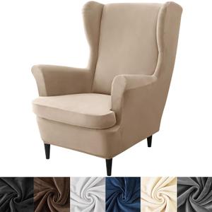 HFCNMY Wingback Chair Covers, 2 Piece Stretch Velvet Wingback Chair Slipcover-Thick Wing Back Chair Covers with Arms-Wing Chair Slipcover-Wing Back Chair Slipcovers with Elastic Bottom Khaki