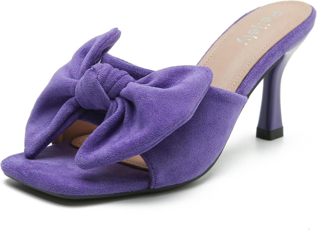 Women's Bow Sandal Mid High Kitten Heel Slip on Square Toe Mule Heels (11.5, Purple)