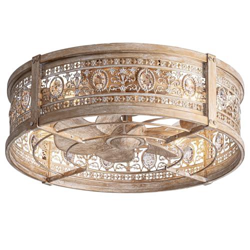 Vintage Caged Ceiling Fans with Lights and Remote, Victorian Hand-Antiqued Rustic Crystal Fandelier, Low Profile Flush Mount, Enclosed Bladeless Ceiling Fan with Light for Bedroom, Kitchen, Hallway (Gold)