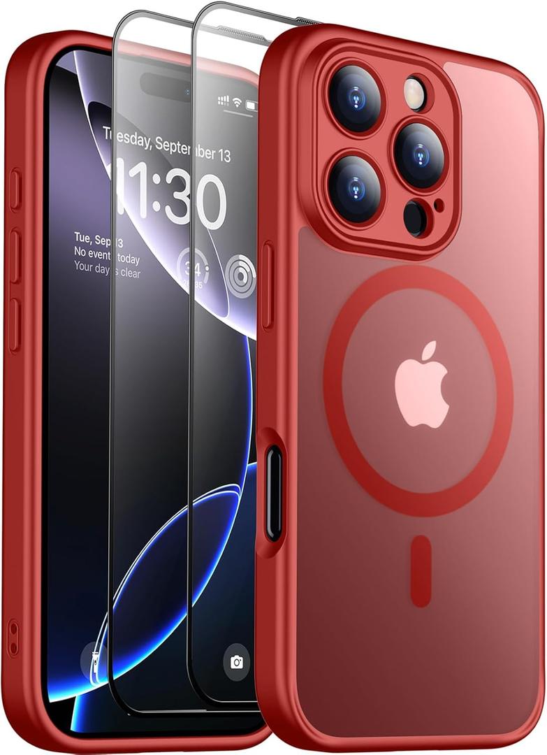 SPIDERCASE Designed for iPhone 16 Pro Case, Magnetic Translucent [2+Full Coverage Tempered Glass Screen Protector] [Full Camera Protection] Anti-Fingerprint Anti-Scratch for iPhone 16 Pro 6.3, Red