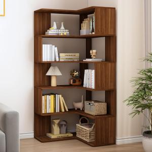 IOTXY 6-Tier L-Shaped Corner Bookshelf - 66" Tall Wooden Freestanding Bookcase with Open Shelf Units, Walnut