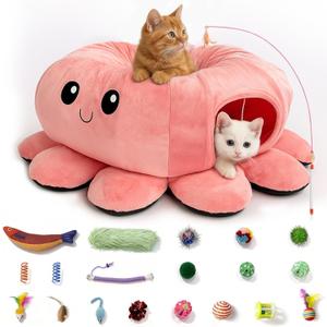 Cat Tunnel Bed with 20 Cat Toys, Collapsible Play Tunnel for Indoor Cats, Kitten Toys for Indoor Kittens, Octopus Shaped (Large, Pink)