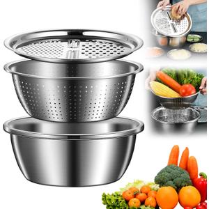 Germany Multifunctional Stainless Steel Basin, 3 in 1 Multifunctional Stainless Steel Basin Strainer Set, Kitchen Grater Set, Strainer and Drain Basket for Vegetables 10.24inch